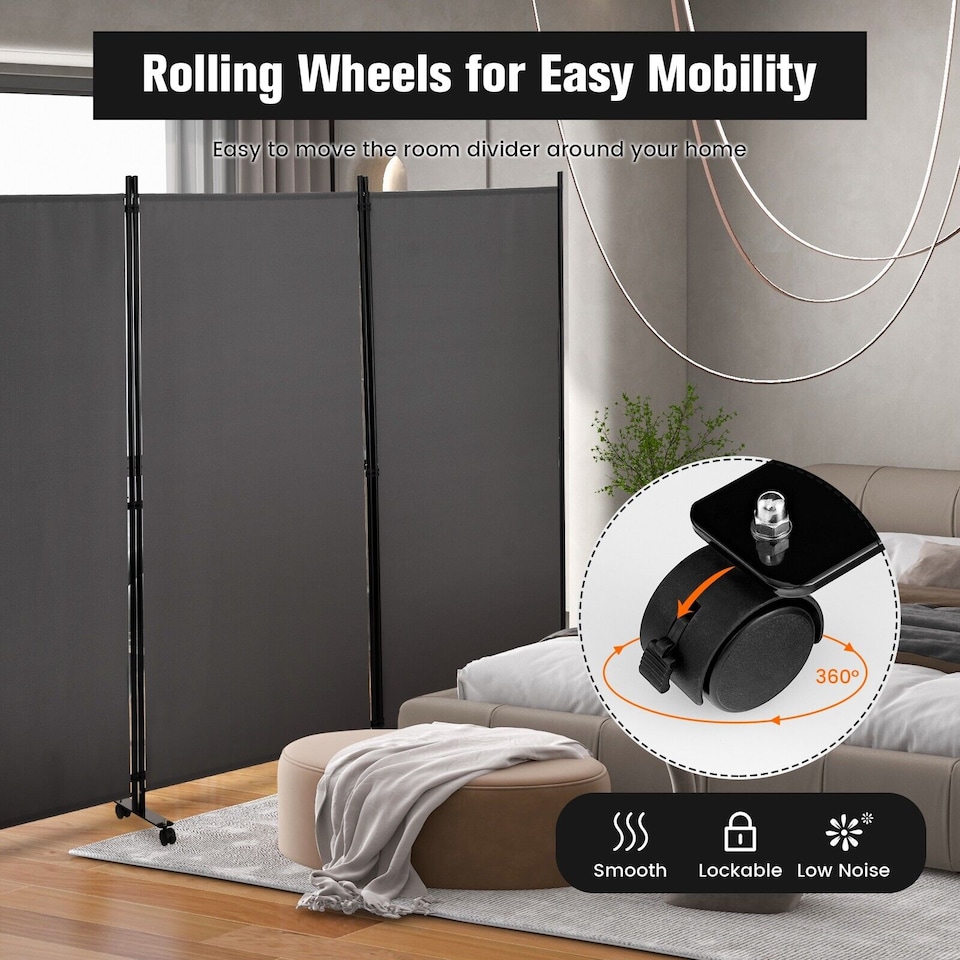 image 1 of COSTWAY 3 Rolling Privacy Screens Freestanding Panel Room Divider on Wheels Grey