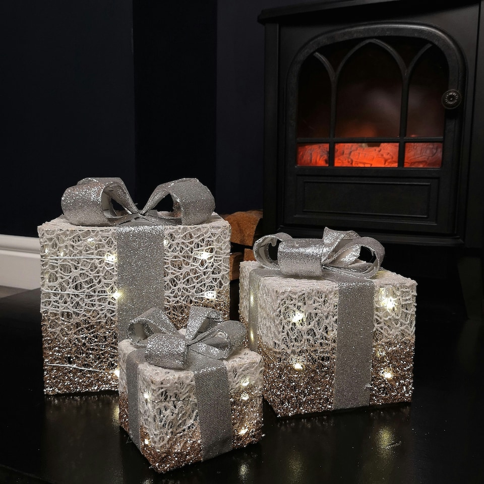 image 1 of Set of 3 Battery Operated Gold Sparkly Christmas Gift Boxes with LEDs