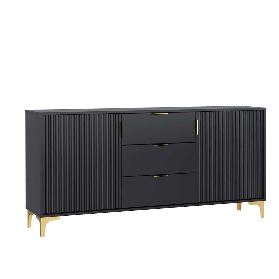 image 1 of Sideboard Cabinet Storage Cupboard Drawers Black Grooved Doors Loft Retro Industrial Living Dining Room Hallway Furniture 140cm