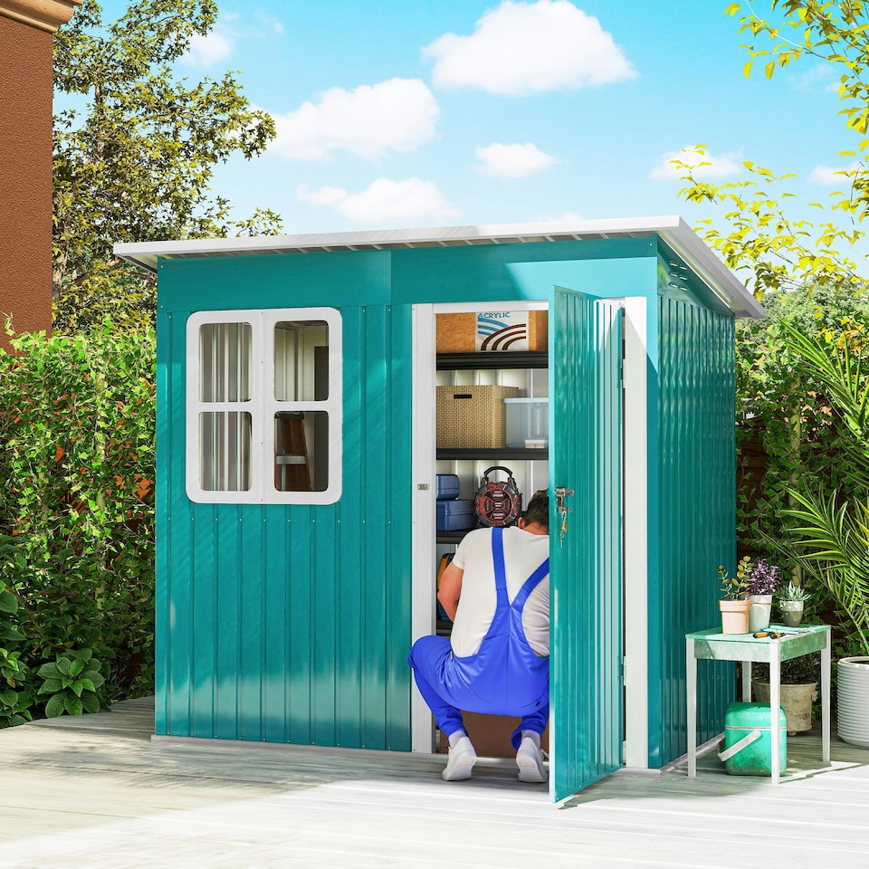 image 1 of Outsunny 7 x 4ft Galvanised Steel Garden Shed with Foundation Kit, Green