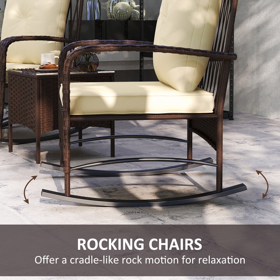image 1 of Outsunny 3 Pieces Rattan Bistro Set, Wicker Garden Furniture Set with Cushions, Glass Top Coffee Table and Rocking Chairs, Small Balcony Furniture for Outdoor, Porch, Brown