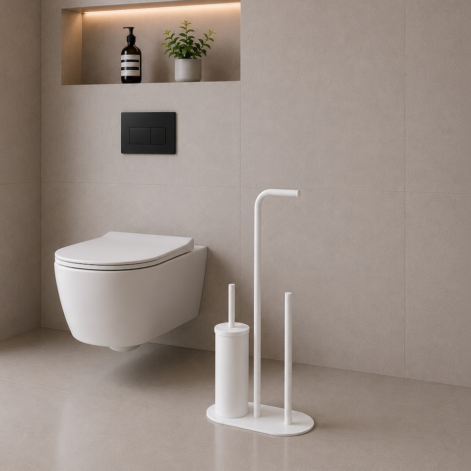 image 1 of Showerdrape Aspen White 3 in 1 Toilet Roll & Brush Combo | White | 1