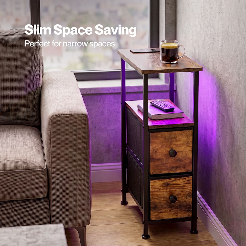 image 1 of Levede Bedside Table Narrow Side Table with LED Charging Station Storage Brown