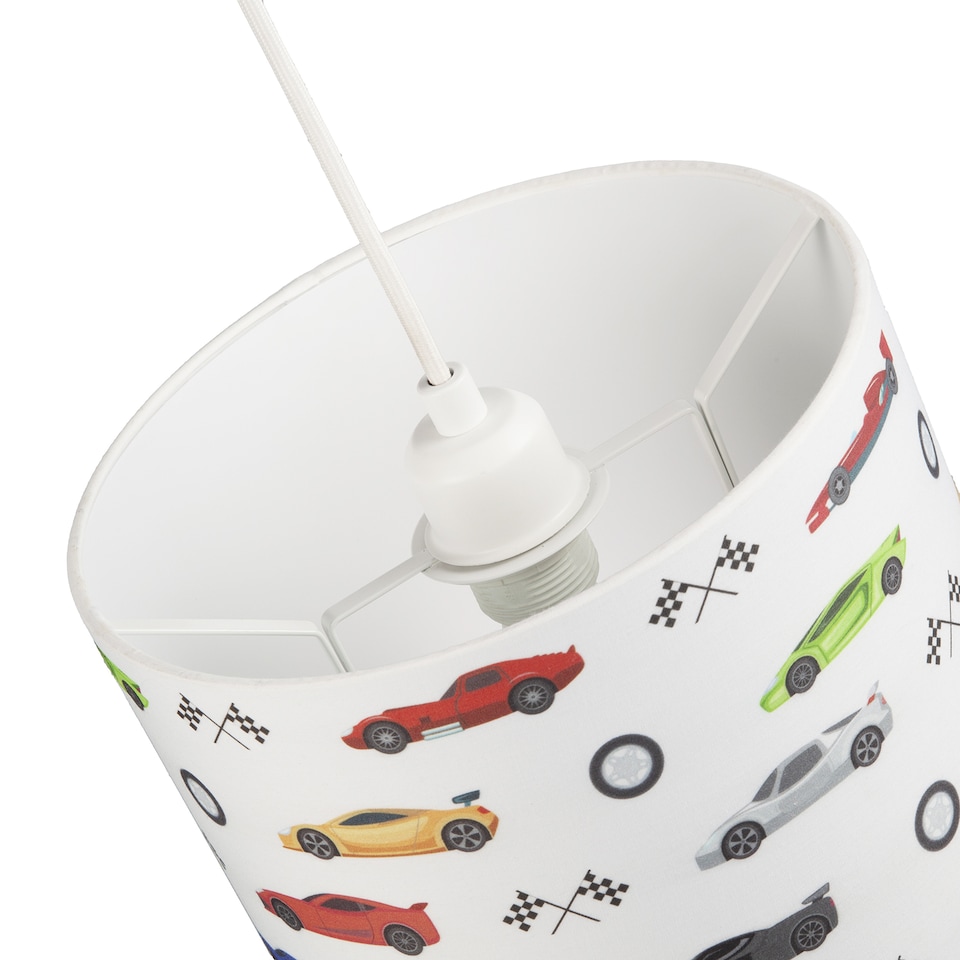 image 1 of Modern and Colourful Racing Cars Kids Cotton Fabric Round Drum Lamp Shade - 25cm | Multi | 10"