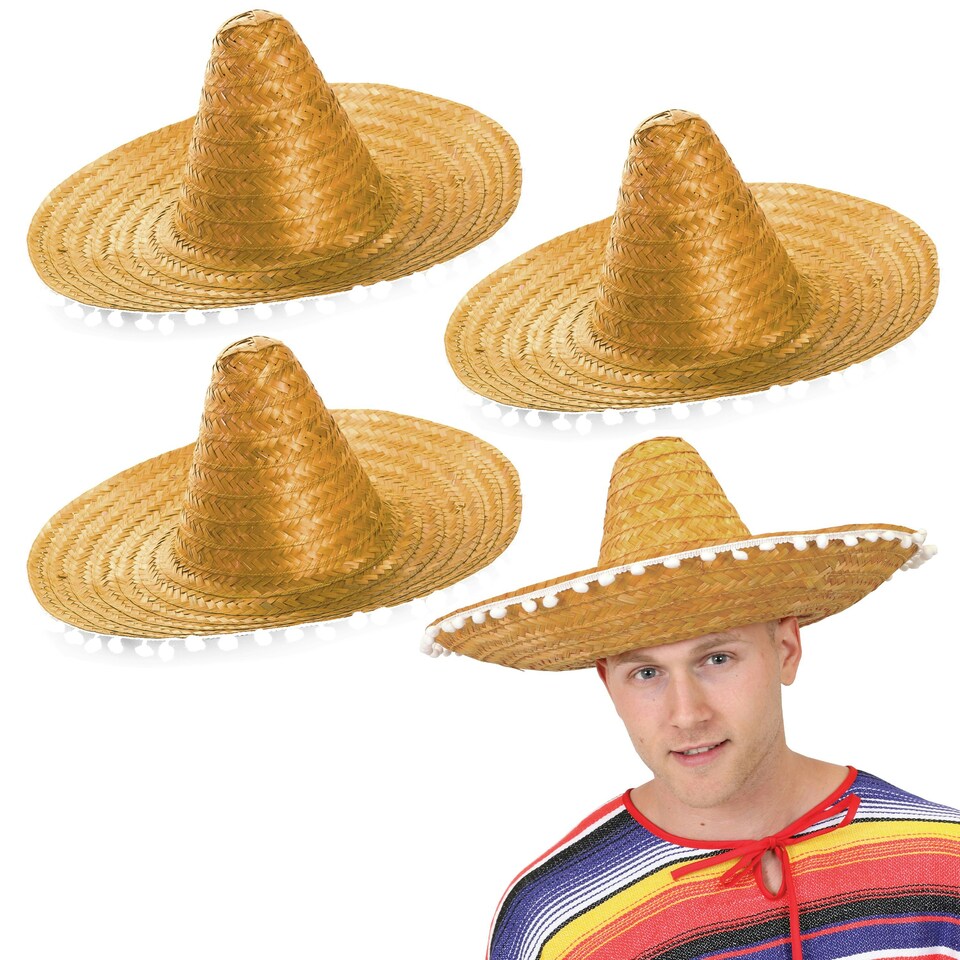 image 1 of Orange Mexican Sombrero – Fancy Dress Hat with Pom-Pom Trim N/A | 3
