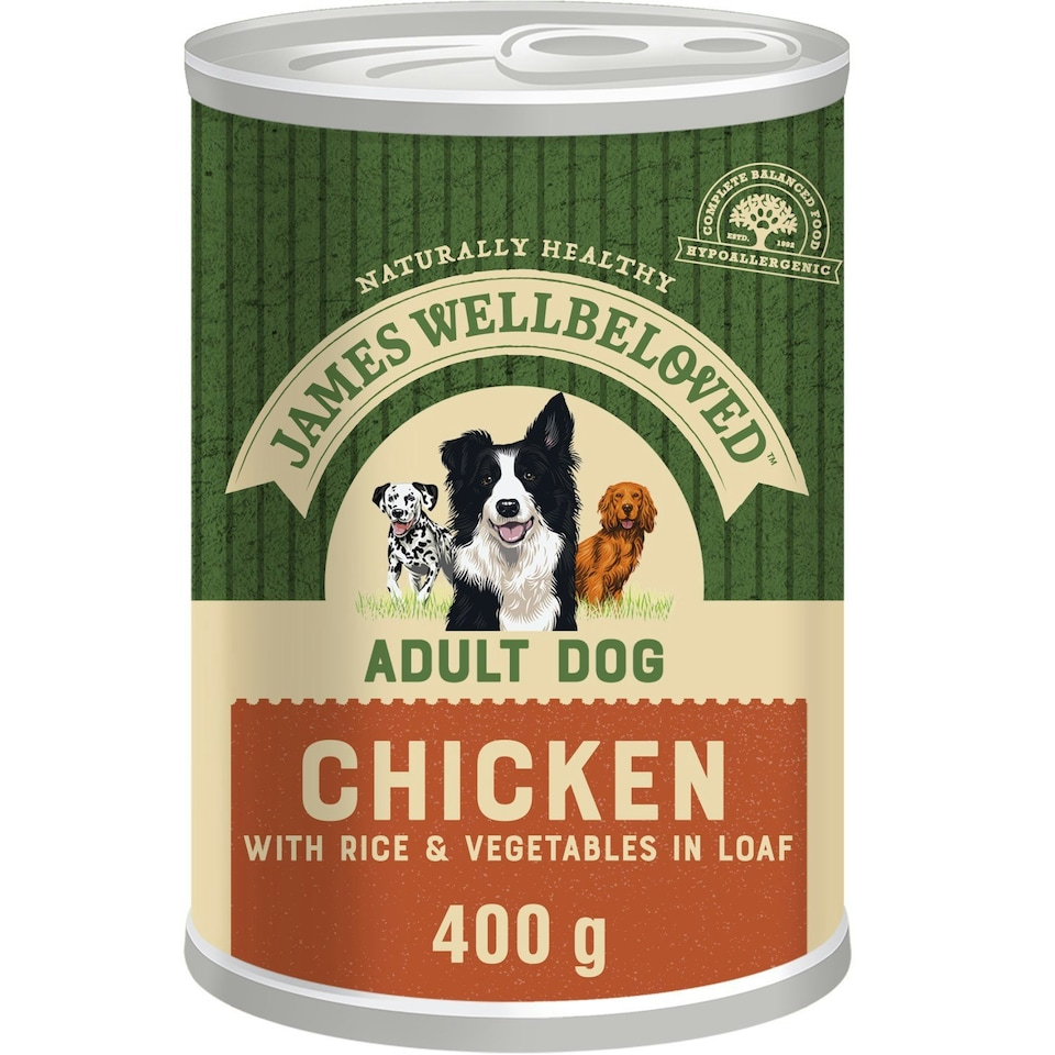 image 1 of James Wellbeloved Adult Wet Dog Food Tins Chicken & Rice In Loaf 12 x 400g