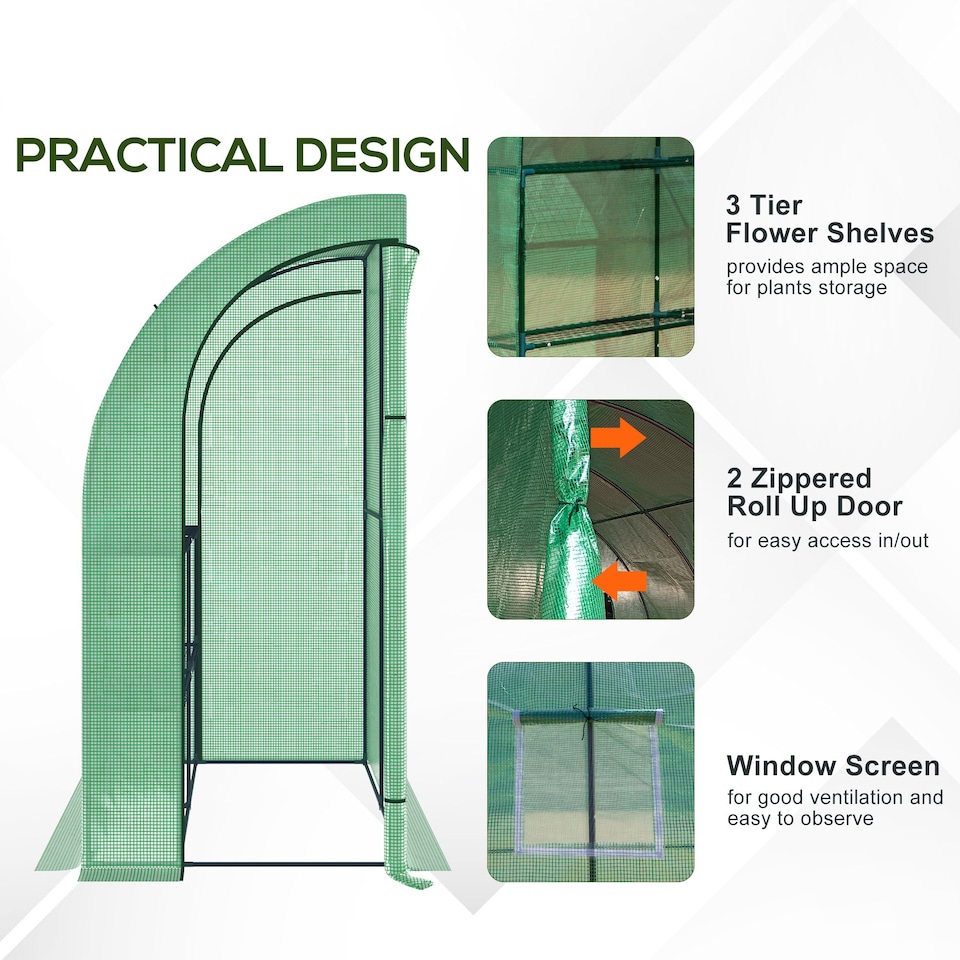 image 1 of Outsunny Walk-In Lean to Wall Greenhouse wWindow&Door 200Lx 100W x 215Hcm Green