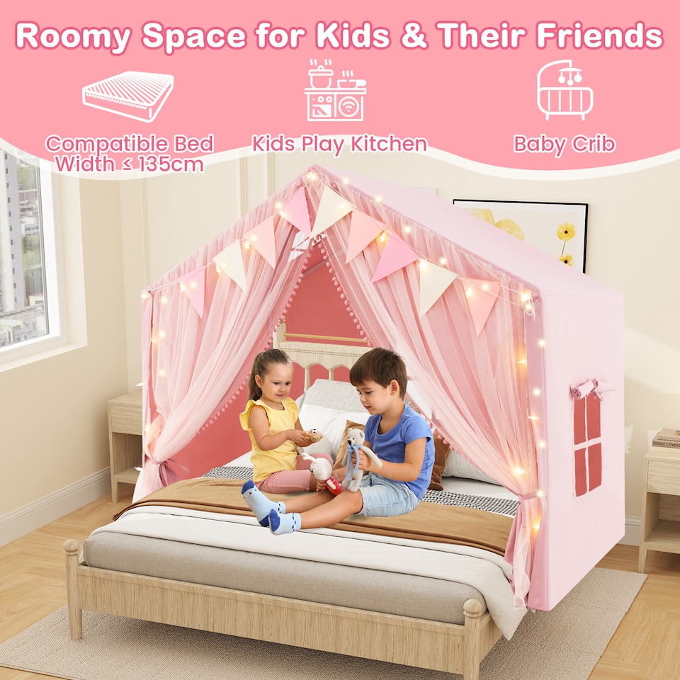 image 1 of COSTWAY Kids Play Tent 3-4 Kids Large Play Tent House w/Screen Curtains-Pink