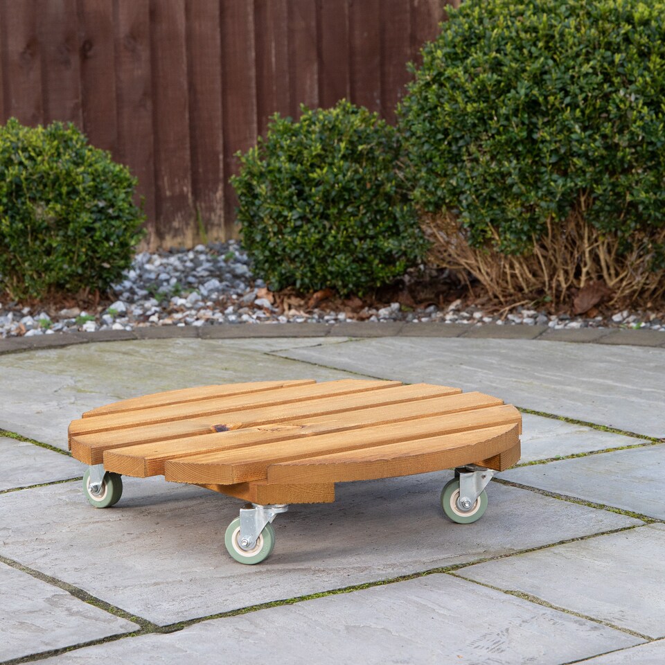 image 1 of Tom Chambers Handcrafted Heavy Duty Round Traditional Wood Garden Patio Plant Flower Pot Stand Caddy Trolley Dolly on Strong Metal Castor Wheels 30cm | Brown | Brown
