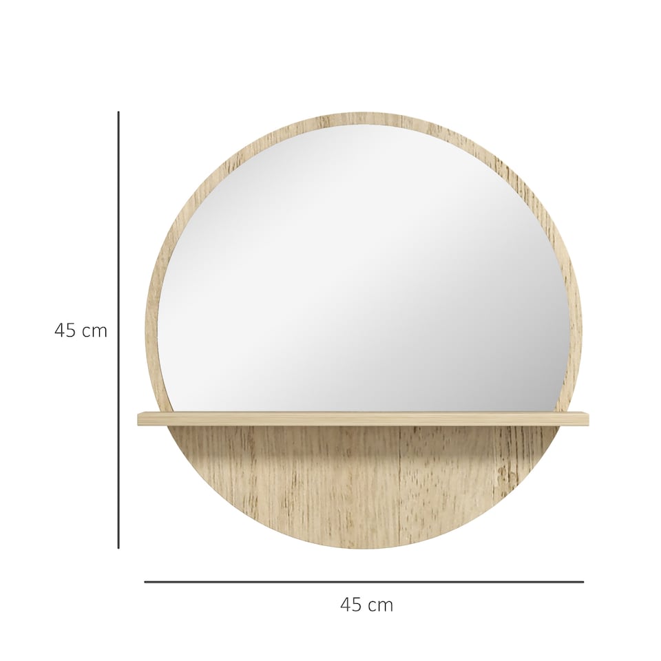 image 1 of kleankin 45cm Wall Mounted Bathroom Mirror, Round Mirror with Shelf, Framed Makeup Mirror for Home Decoration, Natural Wood Effect