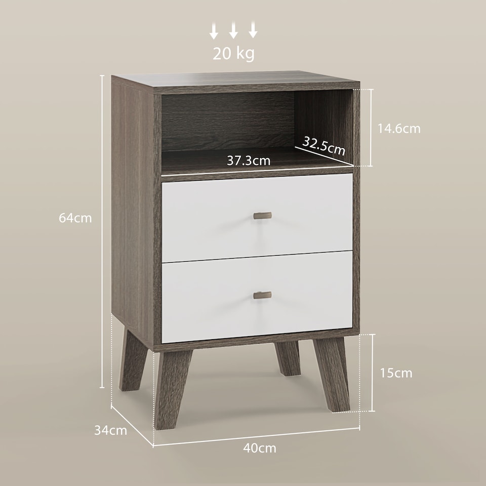 image 1 of HOMCOM Bedside Tables Set of 2, Modern Nightstand with 2 Drawers and Open Cubby, Sofa Side End Table for Bedroom, 40 x 34 x 64cm, Grey