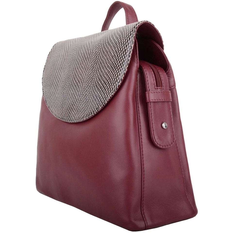 image 1 of Smooth Genuine Leather Backback Rucksack with Snakeskin Effect Flap Panel Red | Cranberry
