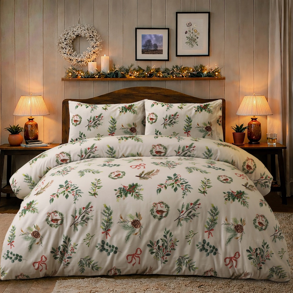 image 1 of Portfolio Home Evergreen Bows Festive Botanical Duvet Cover Set With Pillowcase | Multi | King