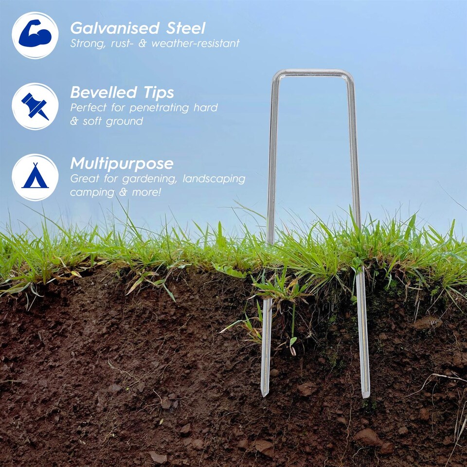 image 1 of Harbour Housewares Garden Pegs, Buffer Washer Plate & Removal Tool Set - 150mm Staples 4mm Thickness Galvanised Steel Stake | Silver | Silver | One Size | 200