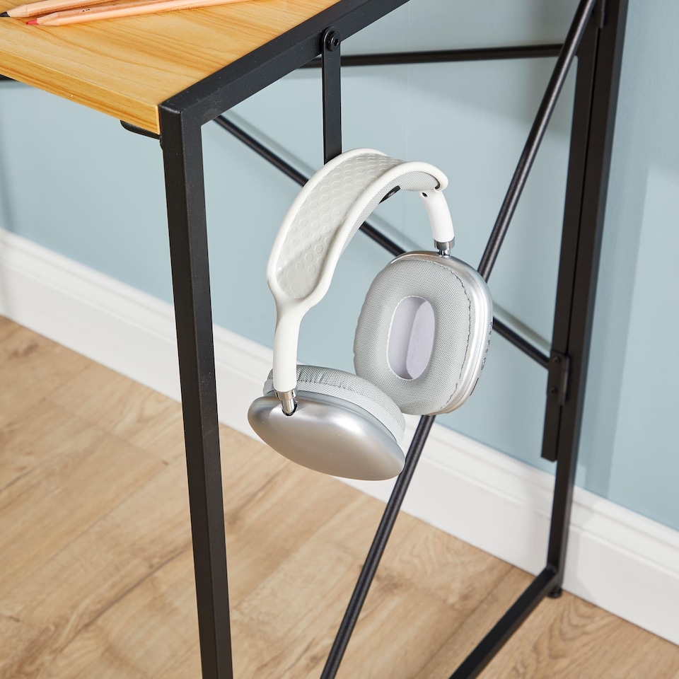 image 1 of Folding Compact Desk Storage Hook Wood Metal Office Computer Table Workstation | Brown