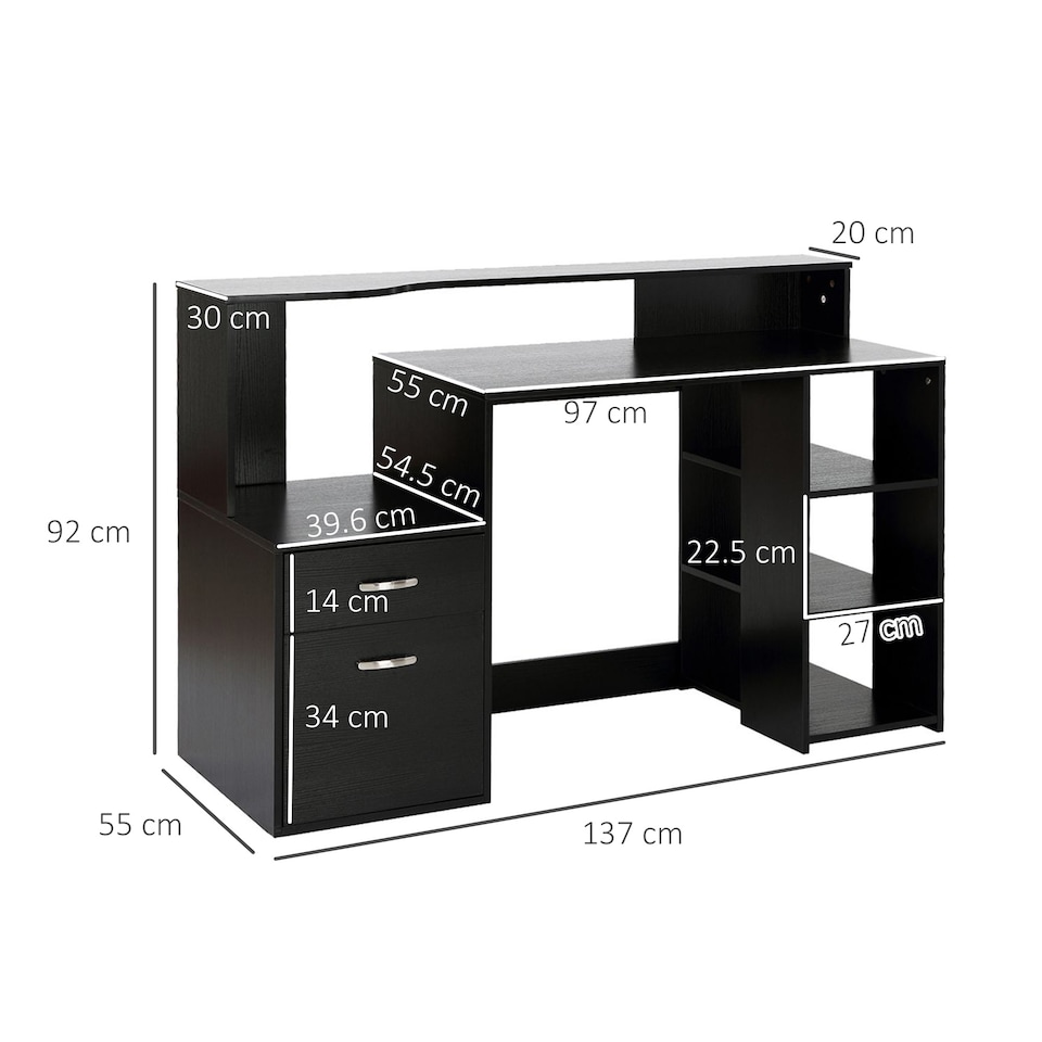 image 1 of HOMCOM Computer Desk with Drawers and Storage Shelves, Office Desk Writing Table with Printer Stand, Large Workstation for Study Play Work Home Office, 137 x 55 x 92cm, Black