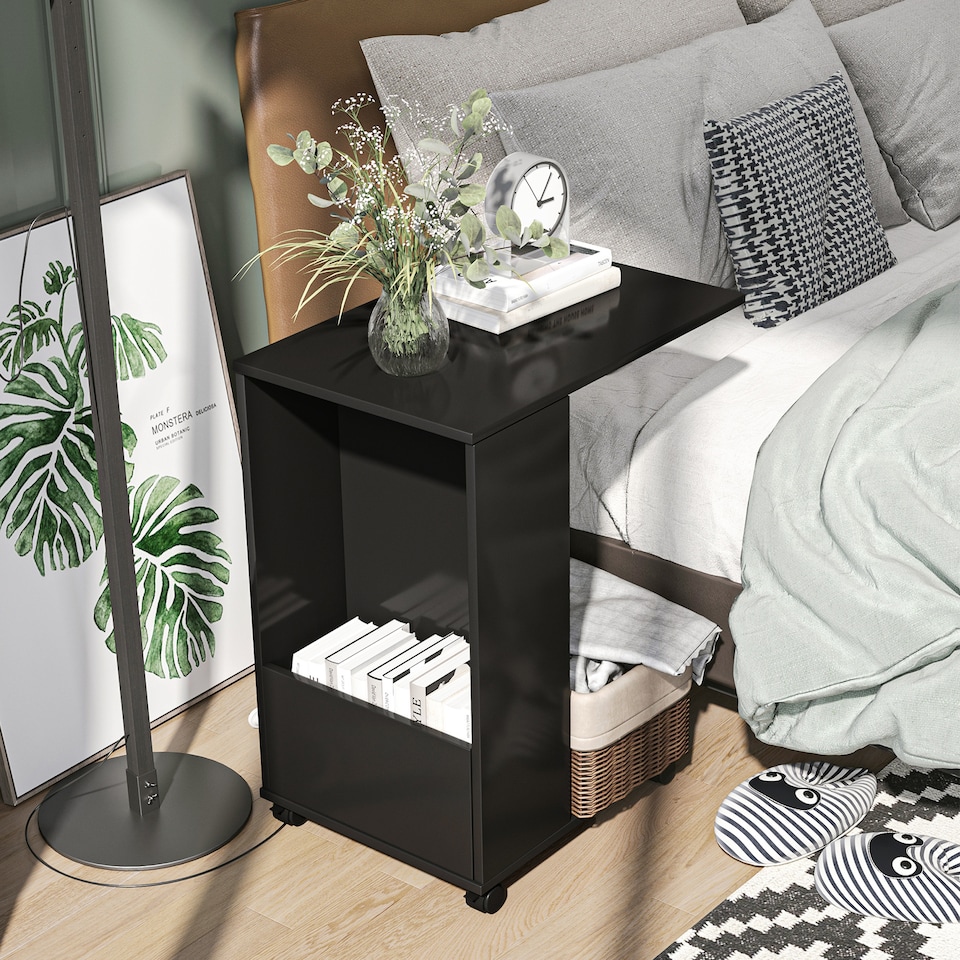 image 1 of HOMCOM Mobile Sofa Side Table C-Shape End Table with Storage and Casters for Laptop Coffee Snack, Black