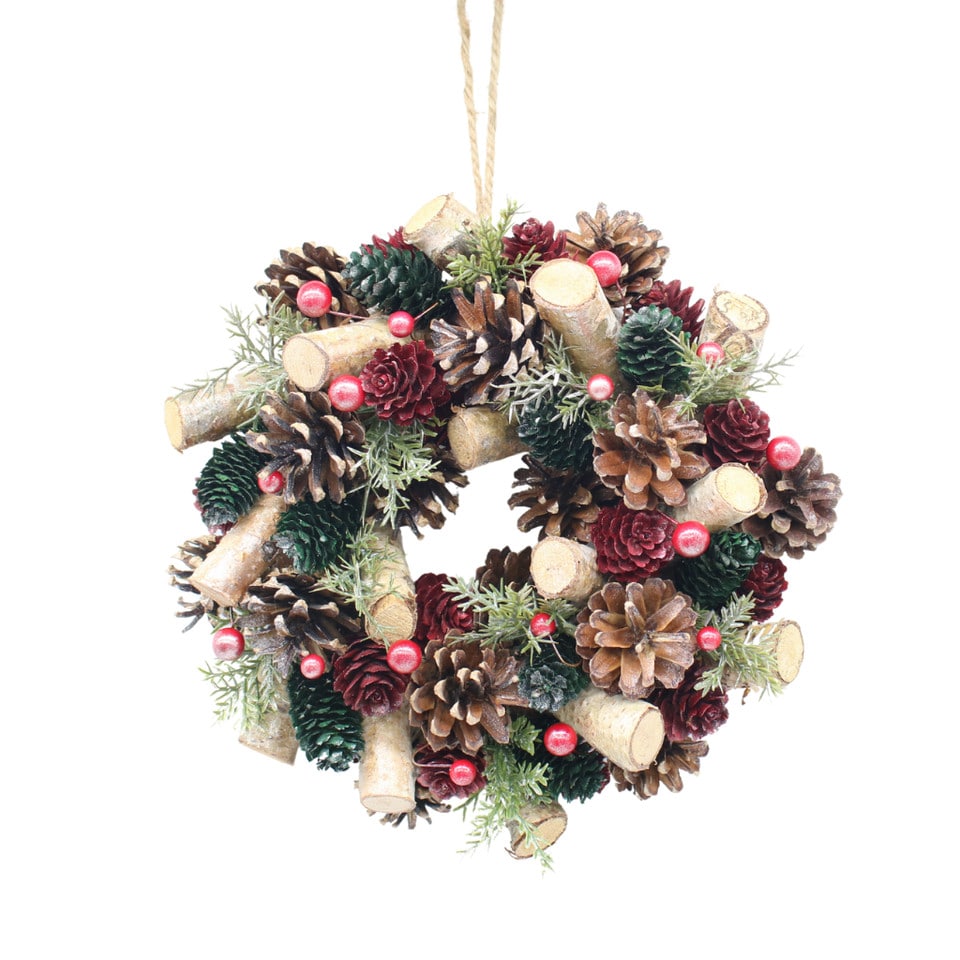 image 1 of Christmas Wreath Festive Decoration with Jute Hanger Traditional Pinecone Decor | Multi | Red, Green & Wood | 34cm | 1