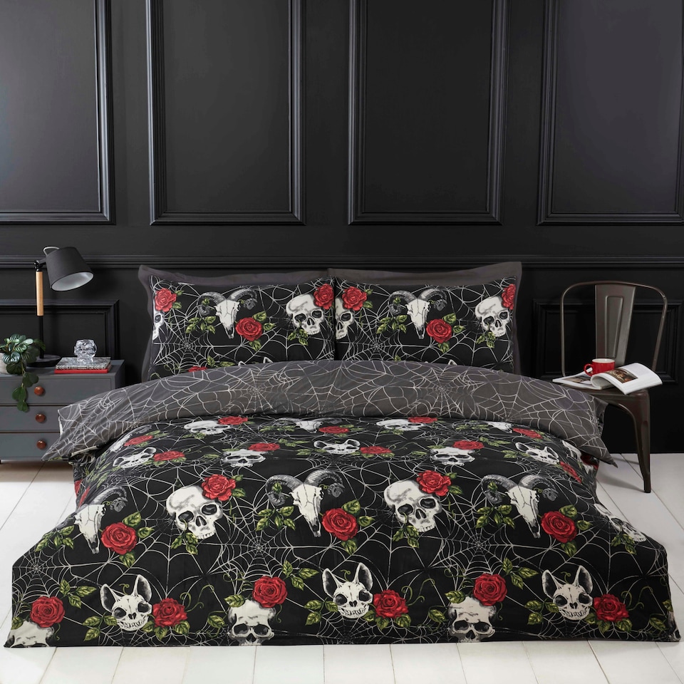 image 1 of Skulls & Roses Microfibre Duvet Set with Pillowcase | Multi | Single | 1