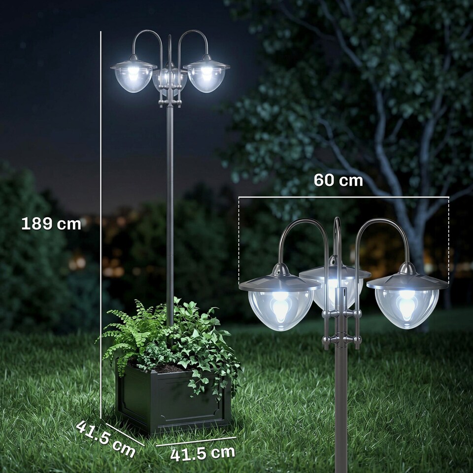 image 1 of Outsunny 3-head LED Solar Light Lamp Street Light Post with Planter Base, Black | Black | Black | 60L x 55W x 189H cm