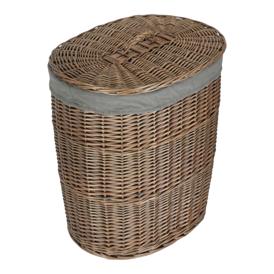 image 1 of Antique Wash Grey Cotton Lined Oval Willow Laundry Basket