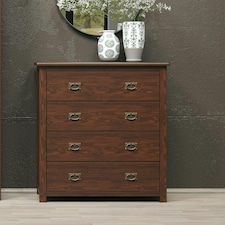Boston 4 Drawer Chest - Rich Dark Brown Lacquer Solid Wood Bedroom Storage with Brass Handles | Brown | Brown | 1