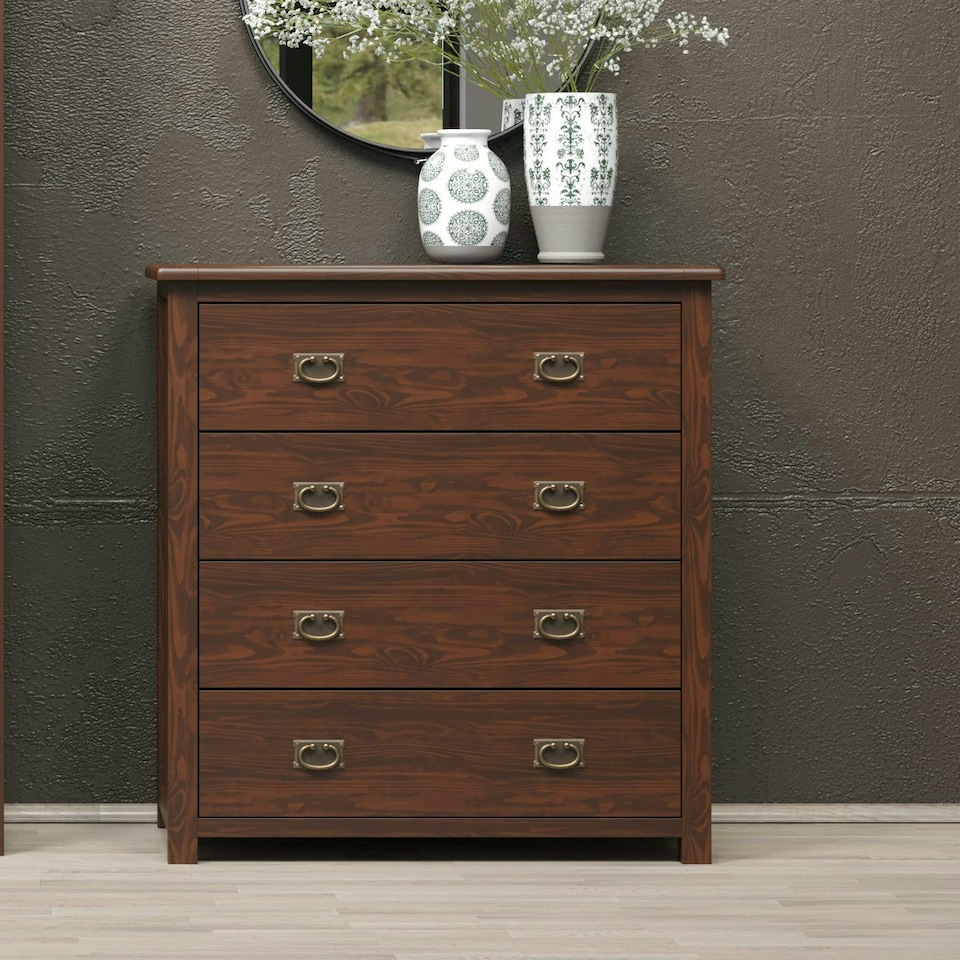 image 1 of Boston 4 Drawer Chest - Rich Dark Brown Lacquer Solid Wood Bedroom Storage with Brass Handles | Brown | Brown | 1