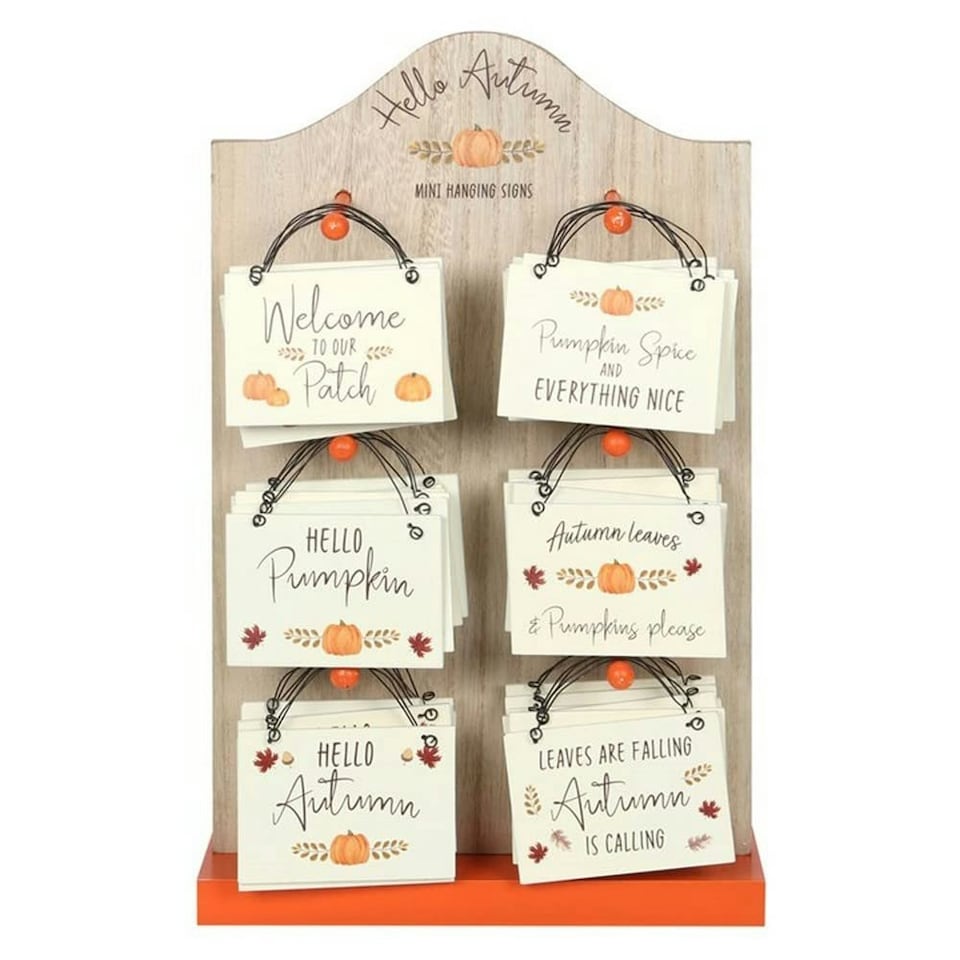 Set of 30 Hello Autumn Mini Hanging Signs on a Display - MDF