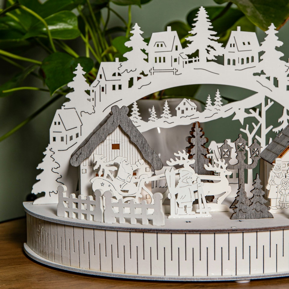 image 1 of 30cm Battery Operated Light up Christmas Village Scene with Santa and Warm White LEDs