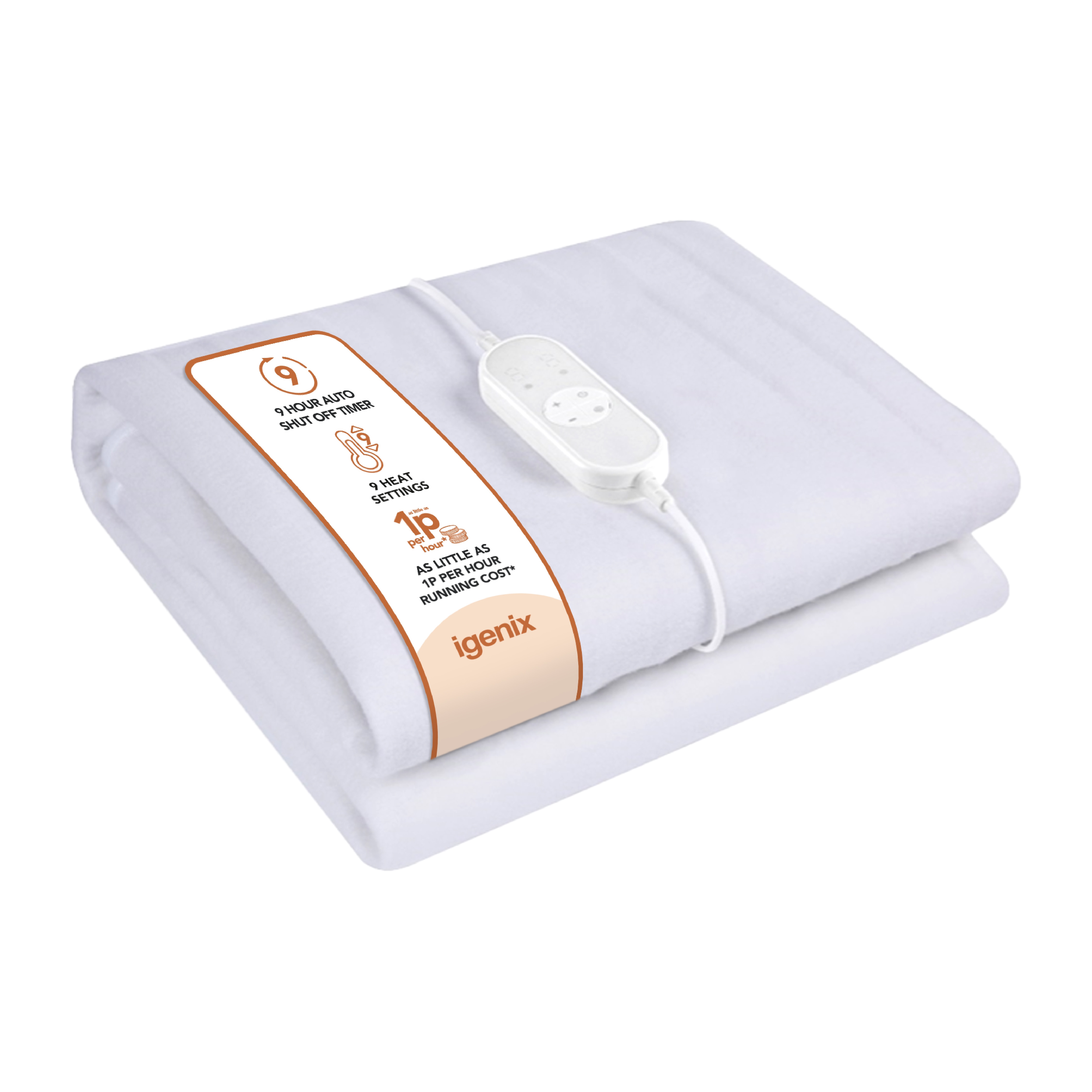Igenix Digital Heated Underblanket, 40W, Polyester, 1-9hr Timer, Machine Washable, White, Single Size