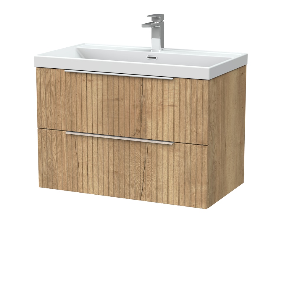 image 1 of Balterley Callingwood Contemporary Wall Hung 2 Drawer Vanity Unit with Thin-Edge Ceramic Basin , 800mm, Autumn Oak