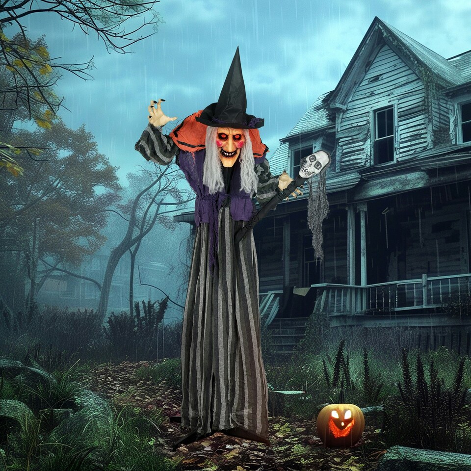 image 1 of Outsunny Voice Activated Halloween Animatronics Standing Witch & Skull Staff