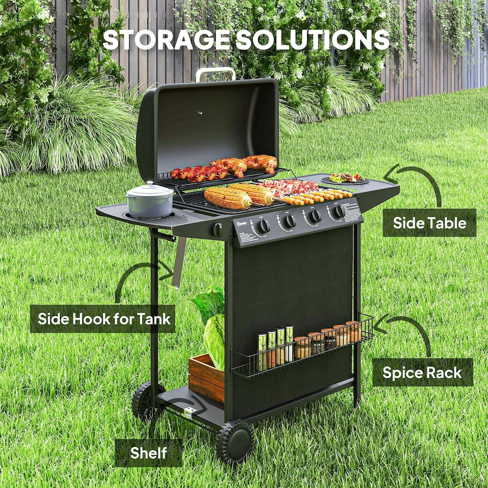 image 1 of Outsunny 5 Burner Gas Barbecue Grill Portable Gas BBQ Grill with Lid, Black