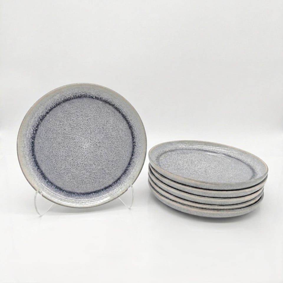 image 1 of Reactive Ash Blue Glaze Dinnerware Dessert Plate 6pc Set 19.8cm