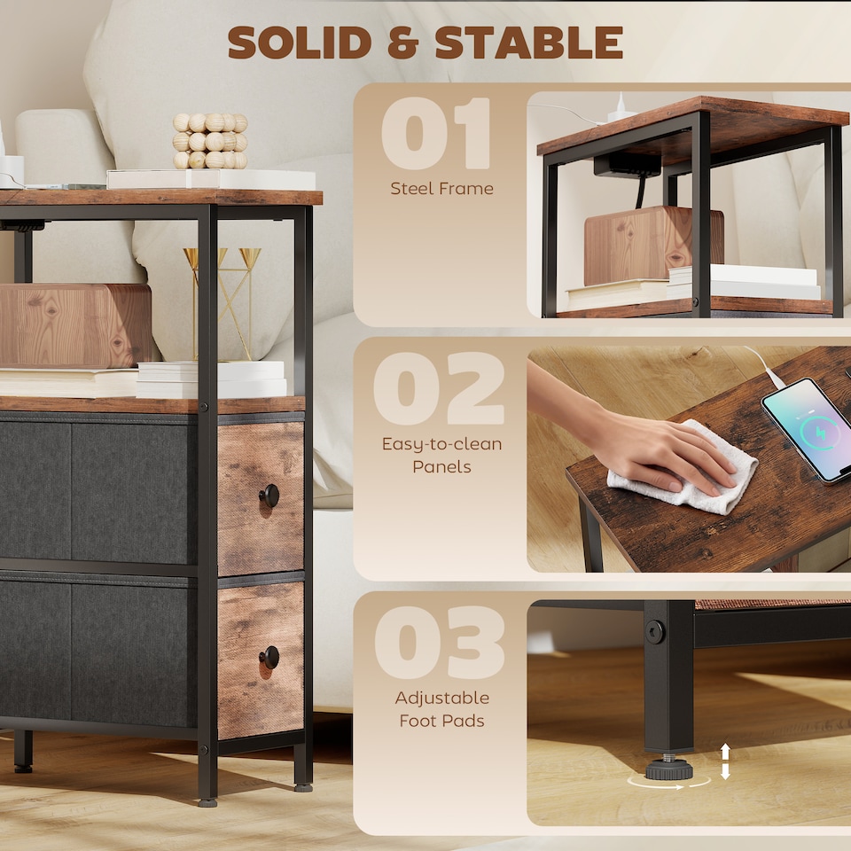 image 1 of HOMCOM Side Table, Narrow Bedside Table with Charging Station, 2 Drawers | Brown | Rustic Brown