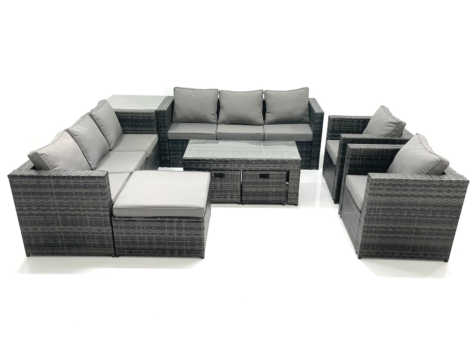 image 1 of Fimous Rattan Garden Furniture Sofa Set with Coffee table Armchair Side Table 3 Footstools Dark Grey Mixed