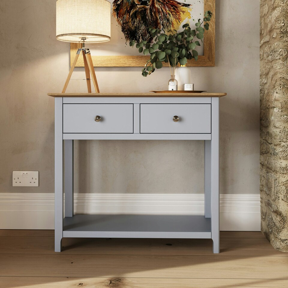 image 1 of Taberno Oak 2 Drawer Console Hallway Table Dove Grey Grey