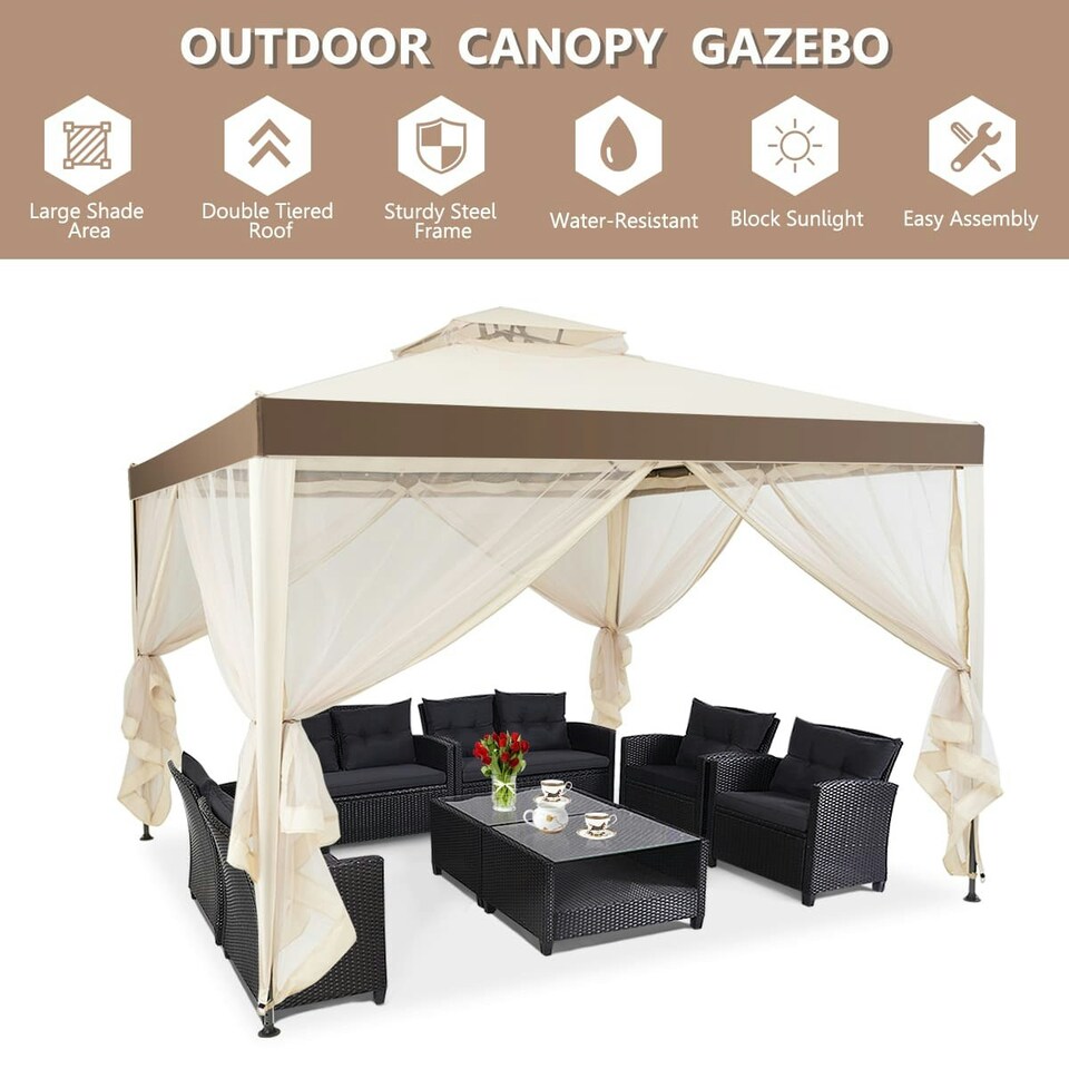 image 1 of COSTWAY Outdoor 3m x 3m Gazebo Tent Camping Canopy Beige