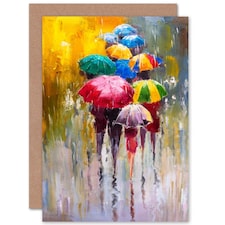 Colourful Umbrellas In The Rain Abstract Oil Painting Greeting Card
