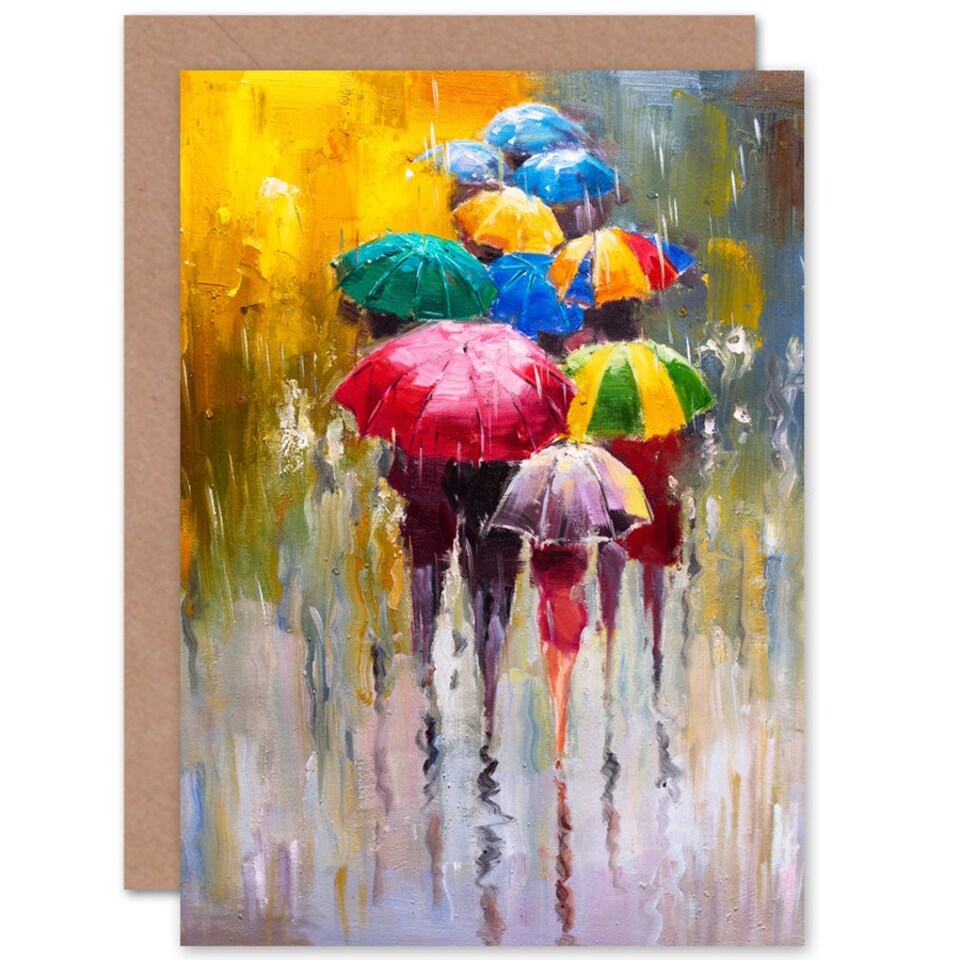 image 1 of Colourful Umbrellas In The Rain Abstract Oil Painting Greeting Card