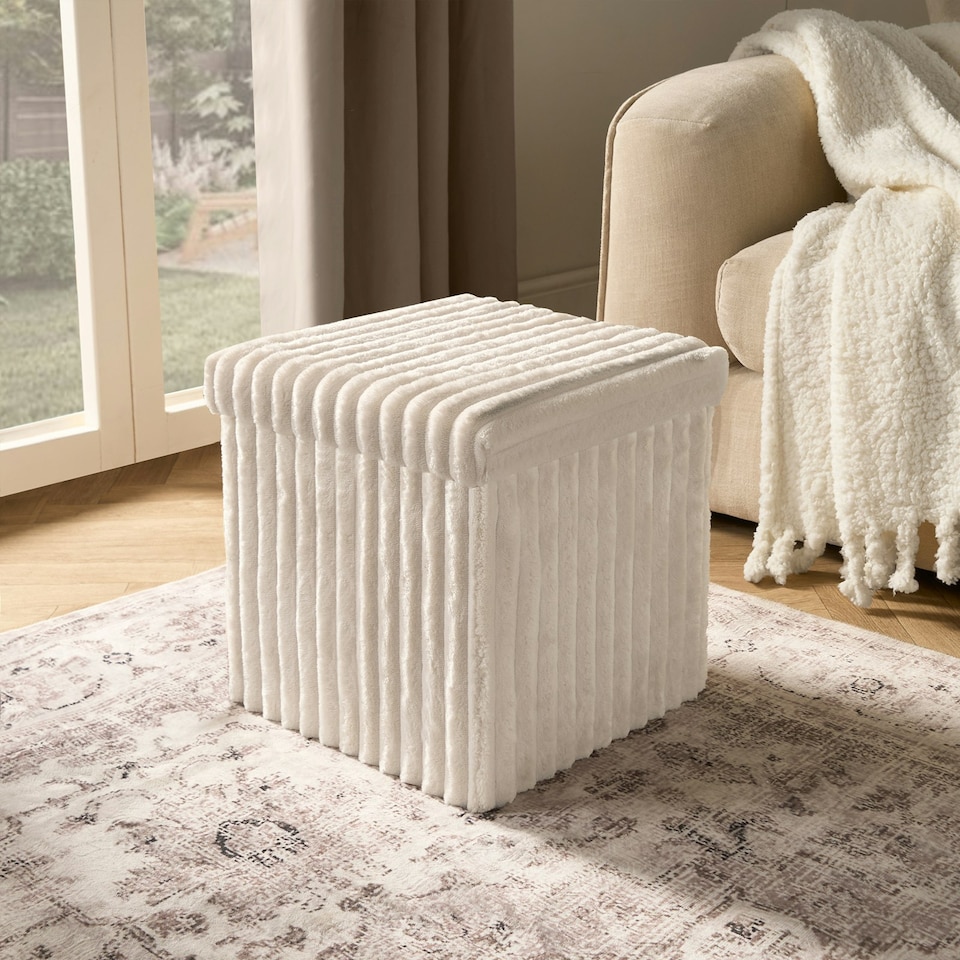 image 1 of OHS Soft Fleece Ribbed Foldable Cube Footstool Seat Storage Organiser Ottoman Cream