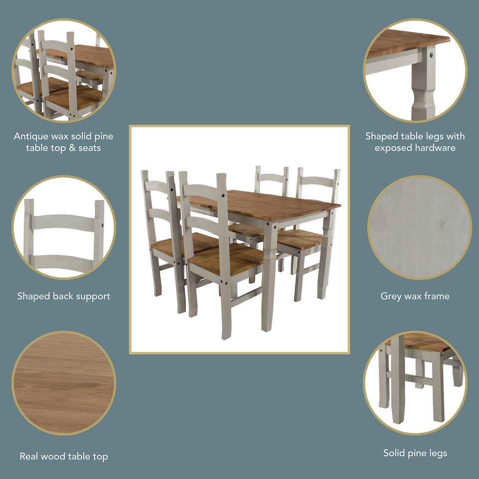 image 1 of Premium Corona Rectangular Dining Set with Table and 4 Chairs in Grey or Brown Waxed Pine - Solid Wood | Grey | Grey | 1