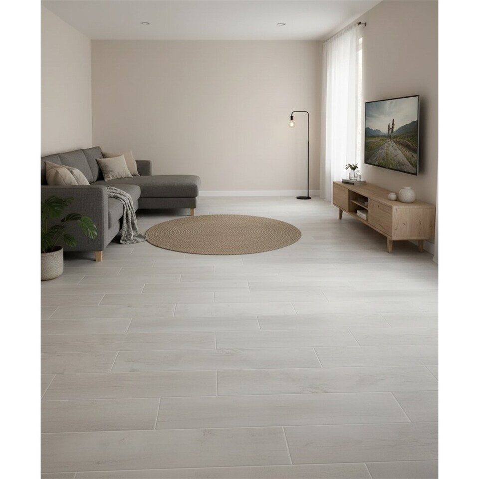 image 1 of Premium White Matt Porcelain Wood Effect Floor Tile (9 Pack - 1 Box - 1.22 m2 Coverage) - TV Room- Inspired by Latin America