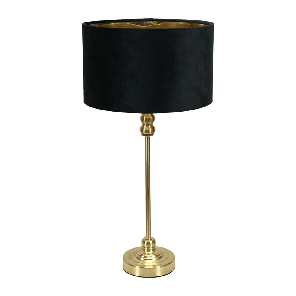 ValueLights Maggie Gold Candlestick Table Lamp with Velvet Drum with Gold Inner Shade & Bulb in Black