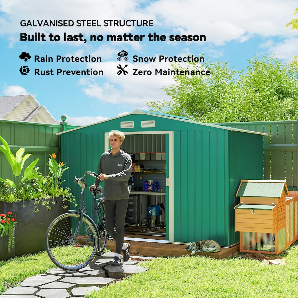 image 1 of Outsunny 9 x 6FT Galvanised Garden Storage Shed with Sliding Door, Green