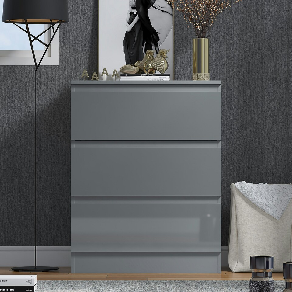 image 1 of FWStyle Stora 3 Drawer Chest of Drawers - Grey Gloss Front