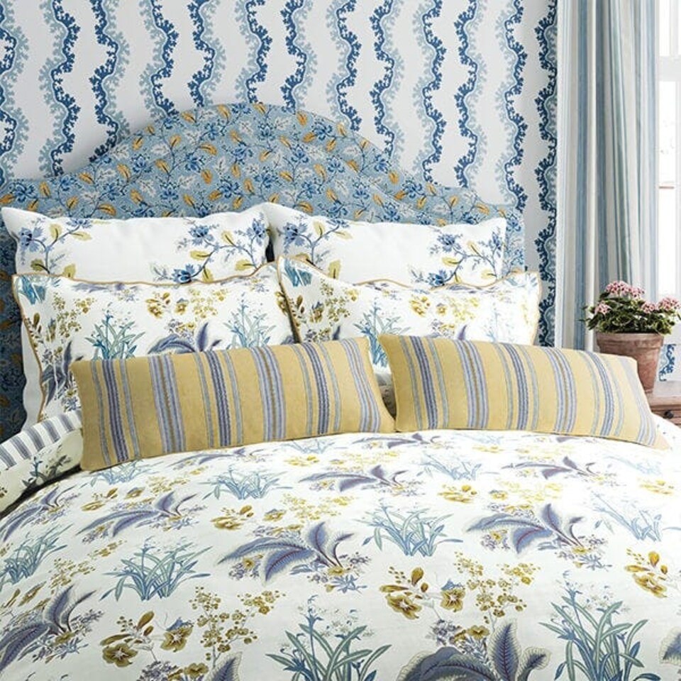 image 1 of Sanderson Enys Garden Cushion Indigo & Ochre 70X30cm