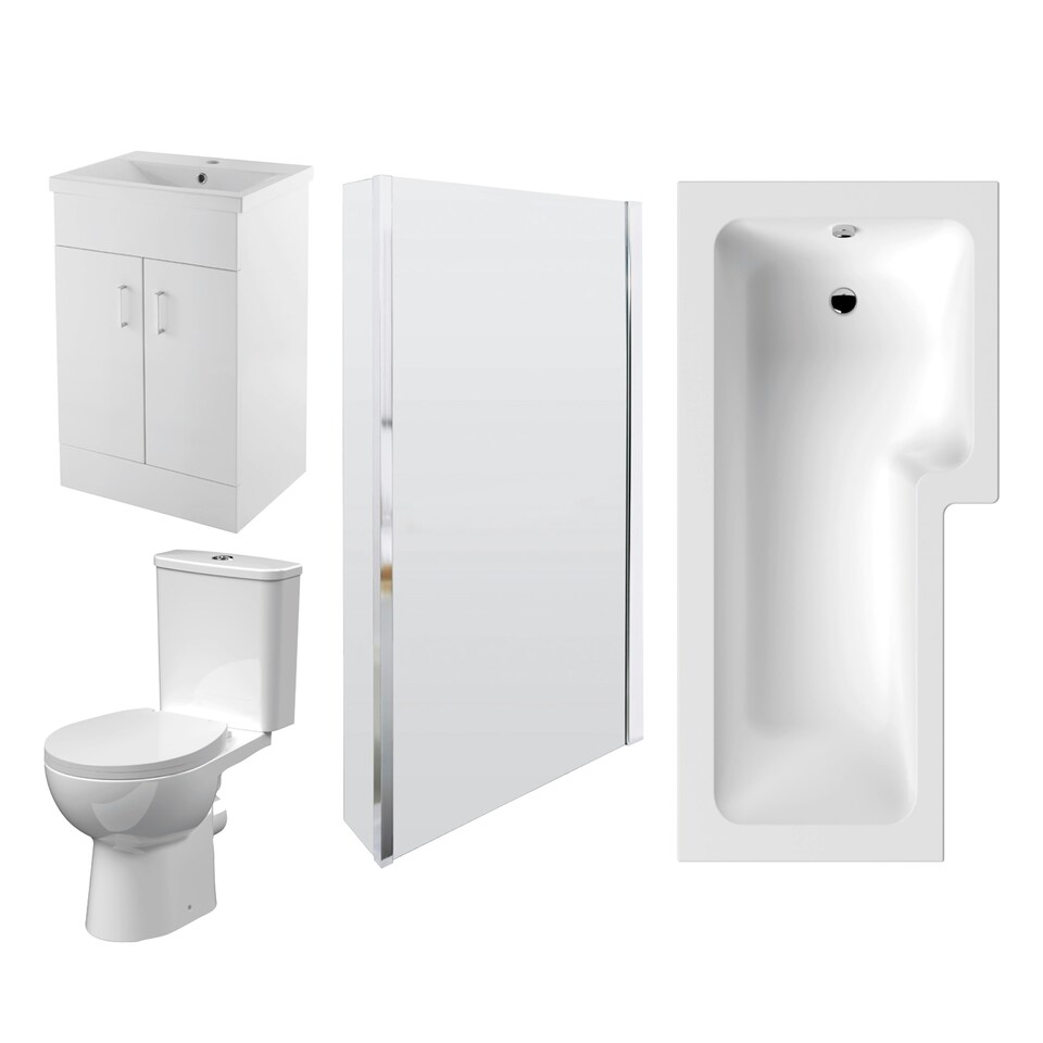 1700mm Bathroom Suite - L Shape Shower Bath, Front Panel, Shower Bath Screen, Vanity Basin Unit and Toilet and Seat - Gloss White White