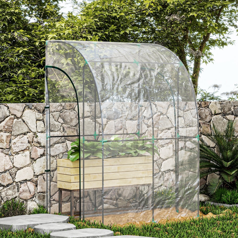 image 1 of Outsunny 143x118x212cm Walk-In Lean to Wall Tunnel Plastic Greenhouse with Doors