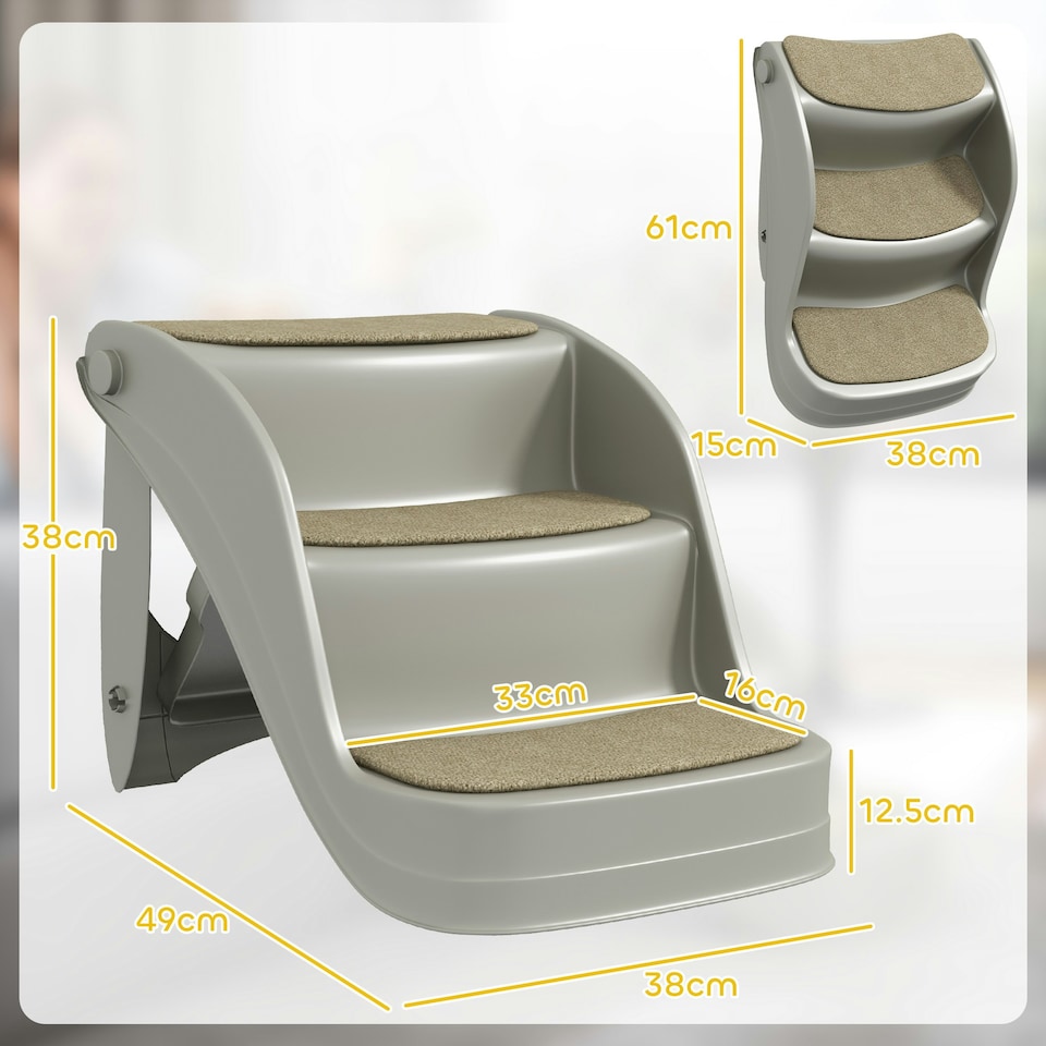 image 1 of PawHut Foldable Pet Stairs 3 Steps with Non-slip Mats for Small Dogs, Grey